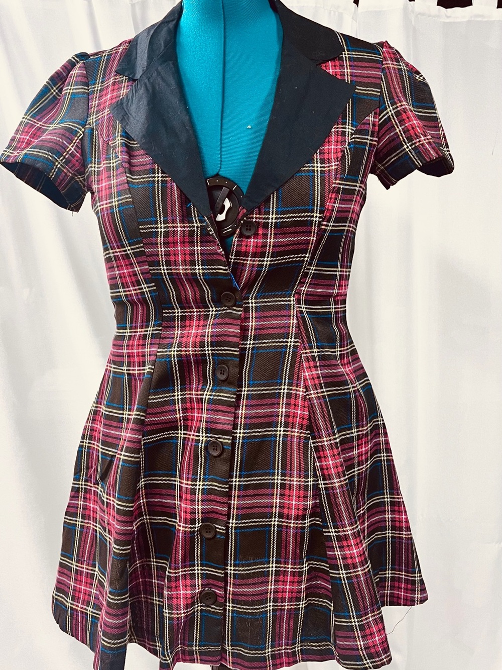Current Mood Red and Black Plaid Fit-and-Flare Button Dress
